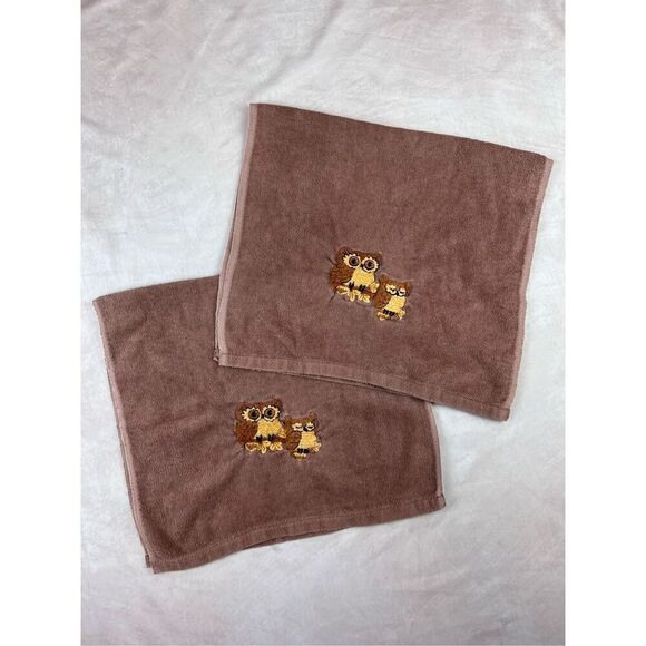 Vintage 1970s Owl Embroidered Hand Towels Set of 2 - Picture 1 of 7